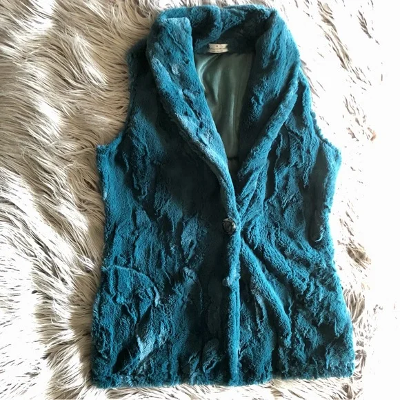 y2k Luxe Faux Fur Teal One-Button Vest, Size M - Picture 3 of 6